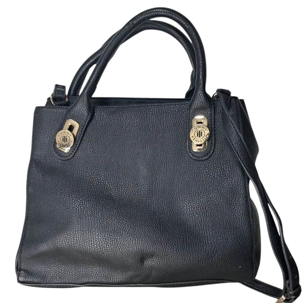 Tommy Hilfiger Black Satchel Shoulder Crossbody Bag | Gold Monogram | Classic